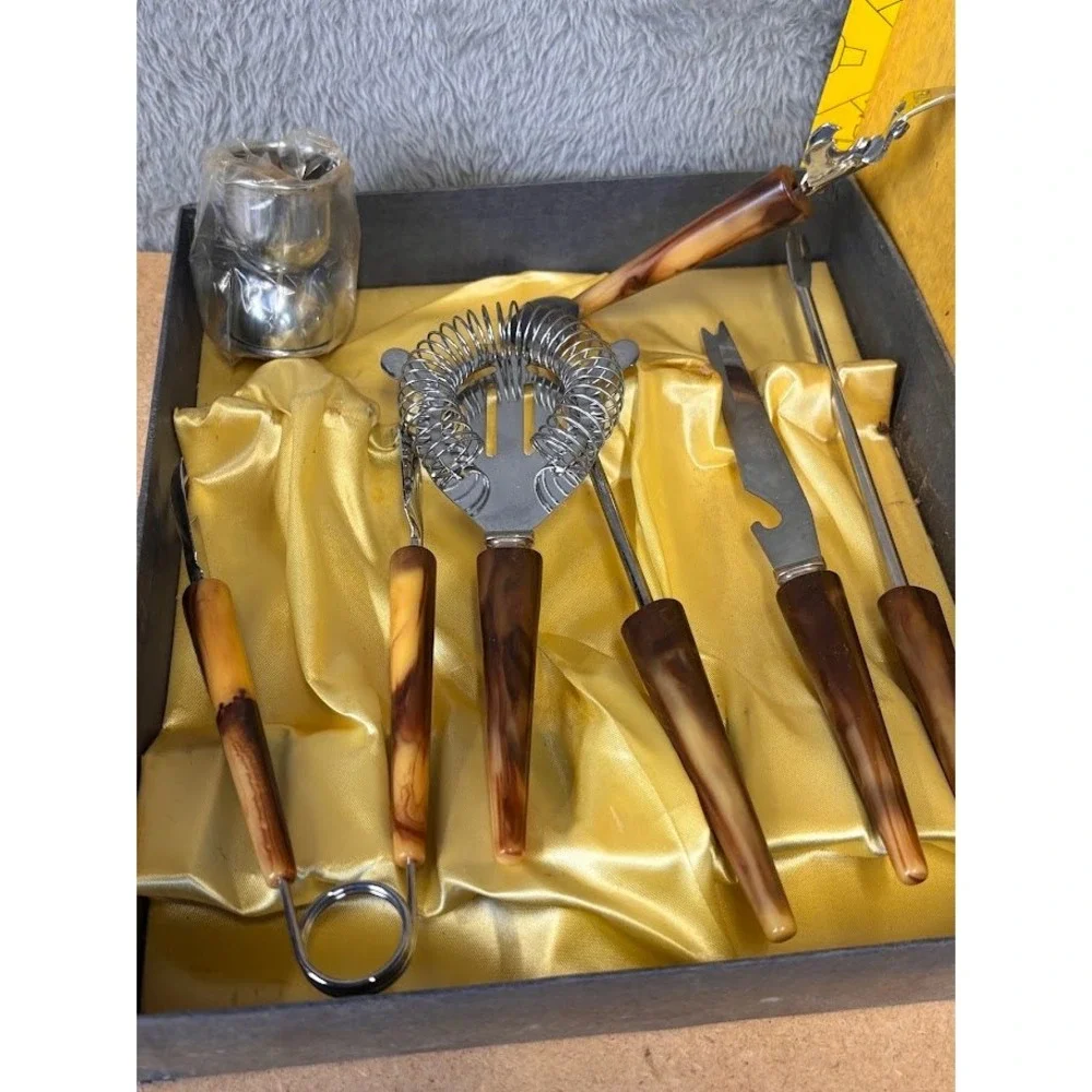 Vintage MCM Bar Tool Set USA Marked Faux Bakelite Marbled Handles Boxed 7-Piece